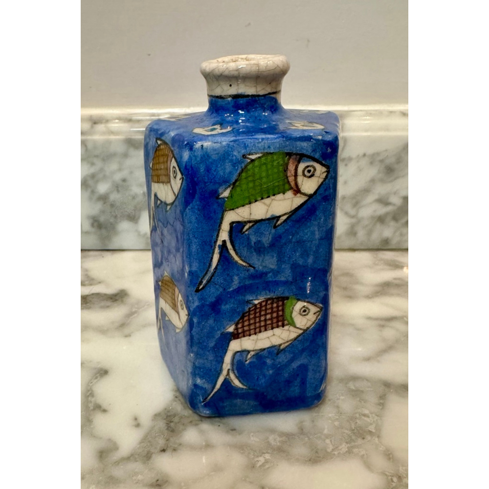 Persian Islamic Style Studio Pottery Vase Blue Fish Motif Folk Art Ceramic
